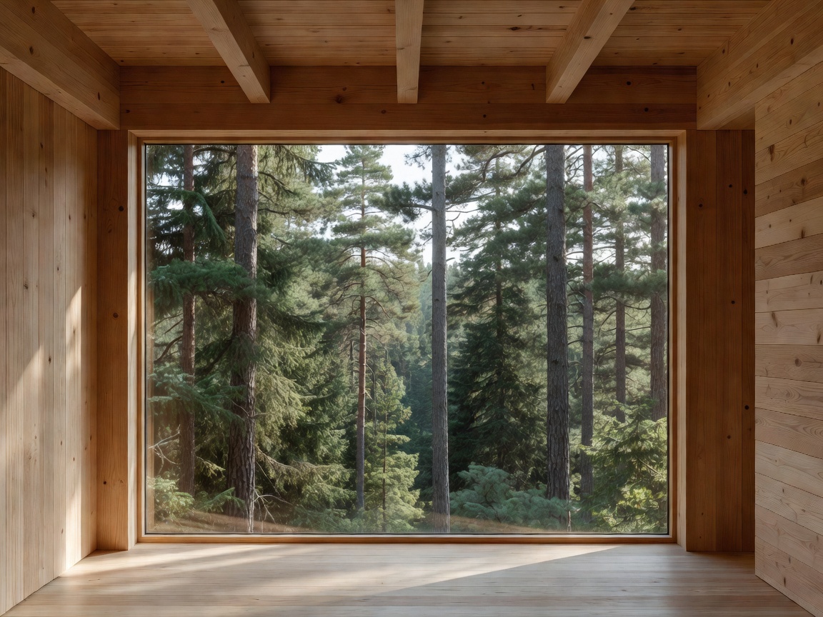 Architectural timber interior of a minimalist forest cabin with expansive views of pine trees