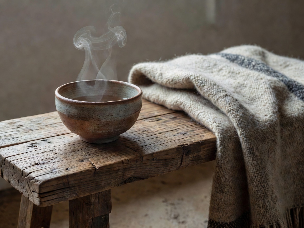 Clay tea bowl steaming gently on a rough wooden bench with a wool blanket nearby