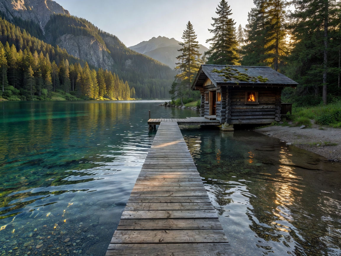 Lakeside sauna cabin with a wooden dock stretching into clear mountain lake water