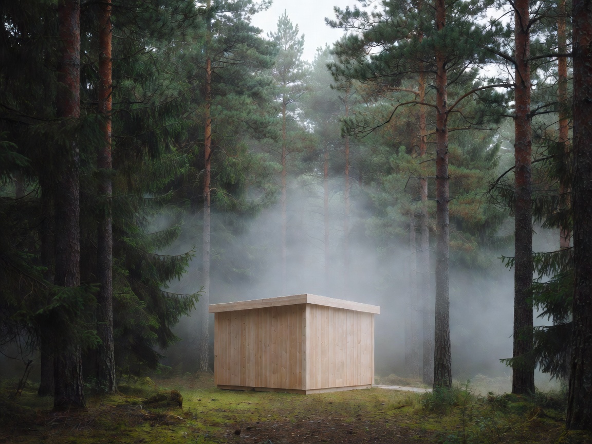 Minimalist timber sauna cabin situated deep inside a misty evergreen pine forest