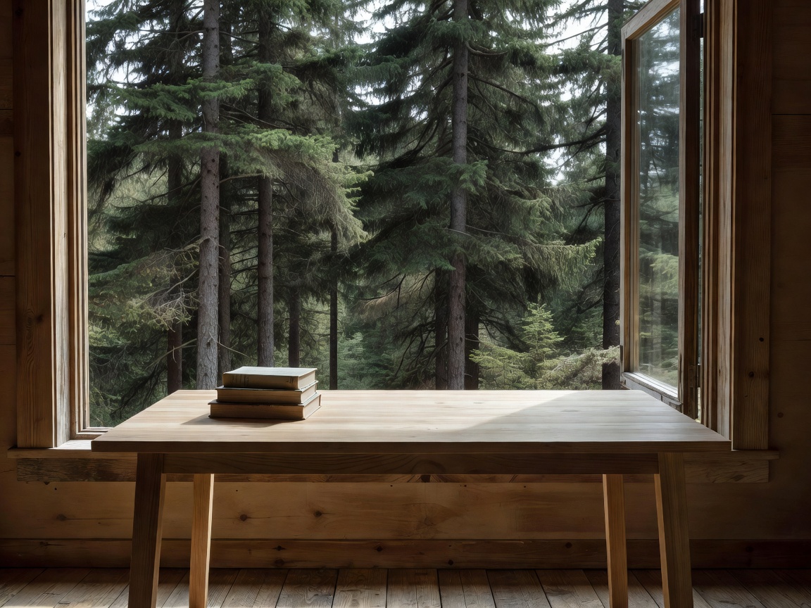 Minimalist wooden desk inside a quiet forest cabin with books and an open window facing tall spruce trees