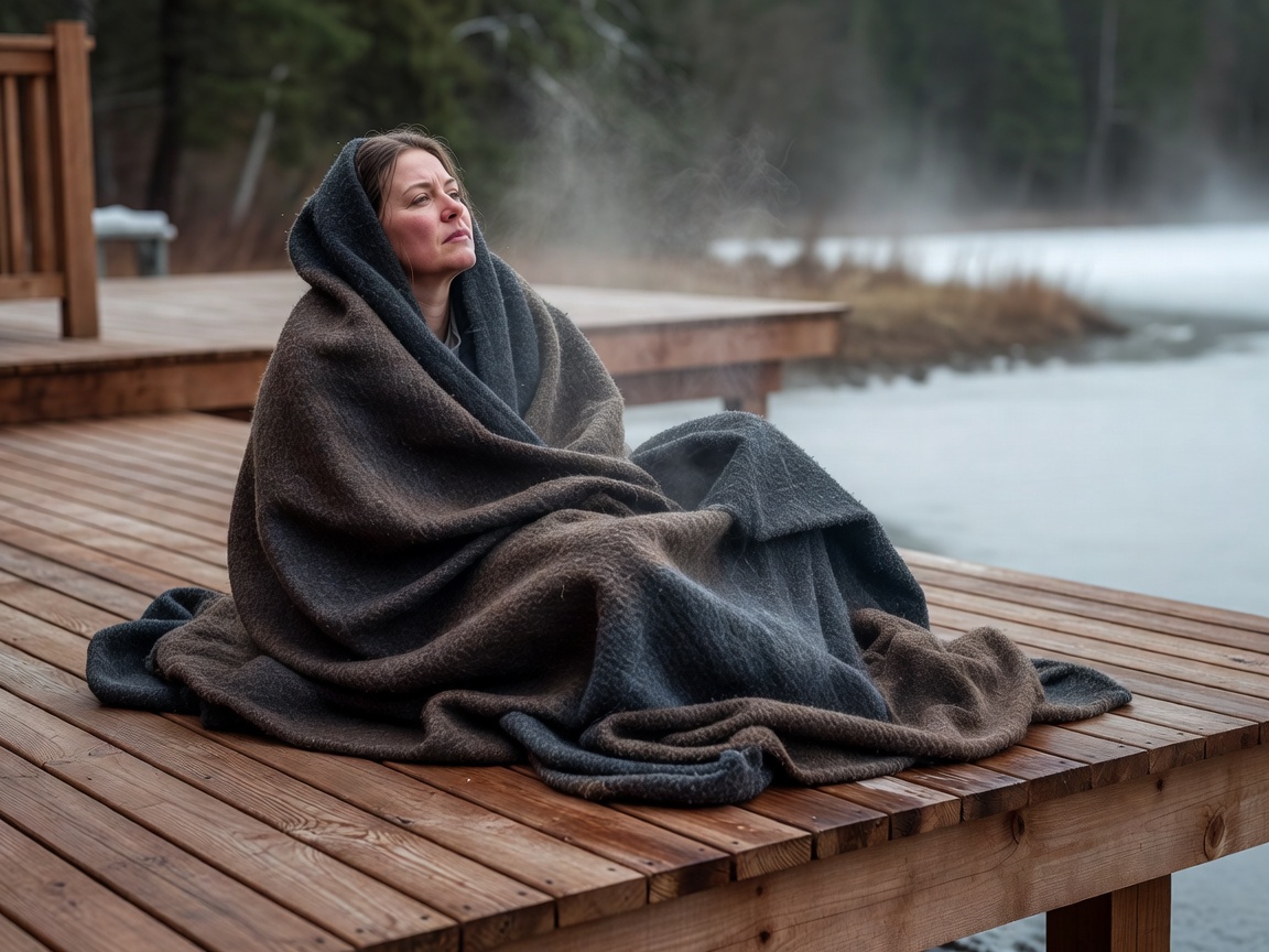 Person resting in a woolen blanket on a cedar deck after an outdoor cold dip