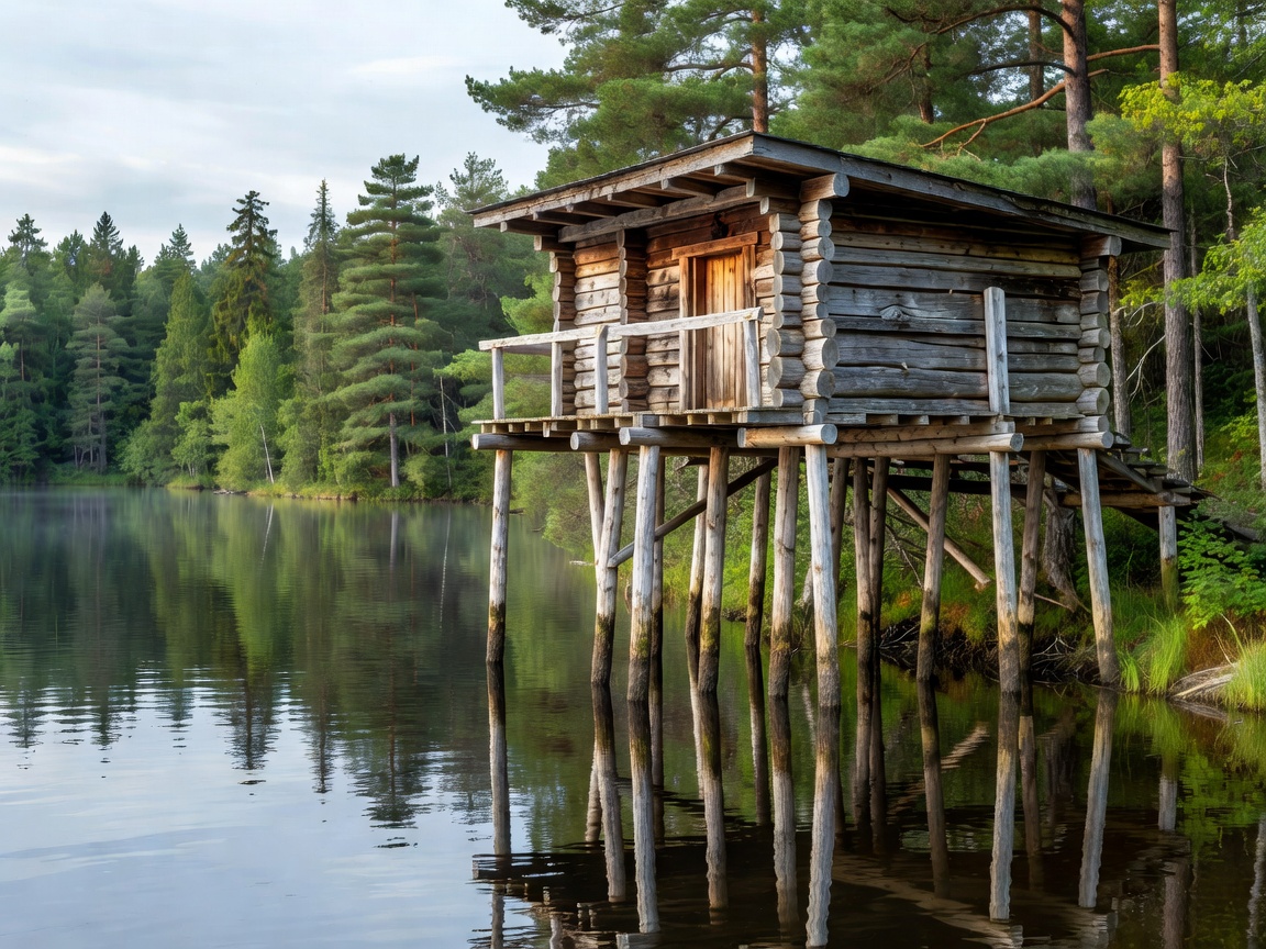 Weathered timber sauna structure perched on wooden stilts directly above a calm forest lake
