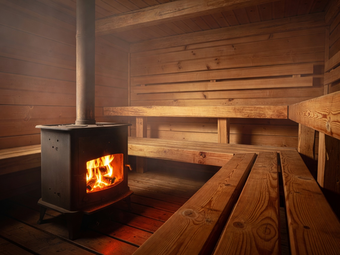 Wood-burning sauna stove casting a soft amber glow over hand-hewn cedar benches
