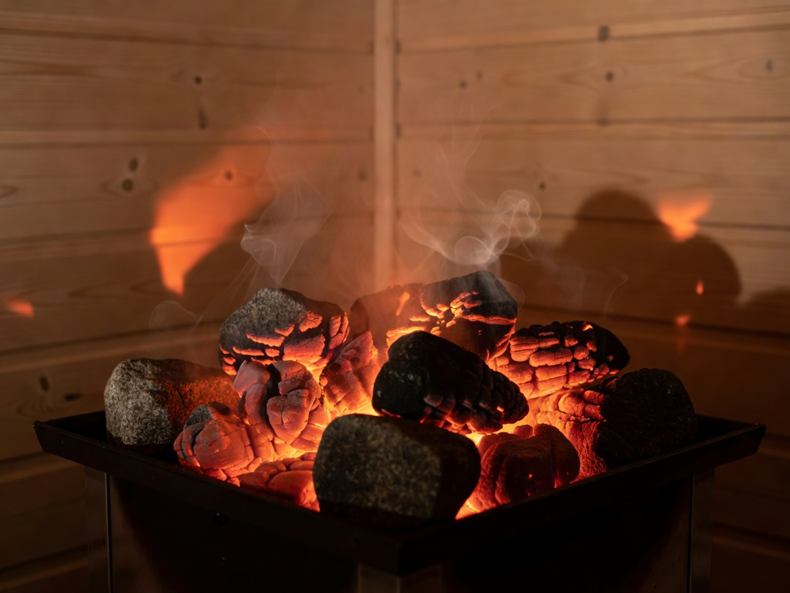 Wood-fired sauna stones glowing with gentle embers inside an authentic Nordic sauna