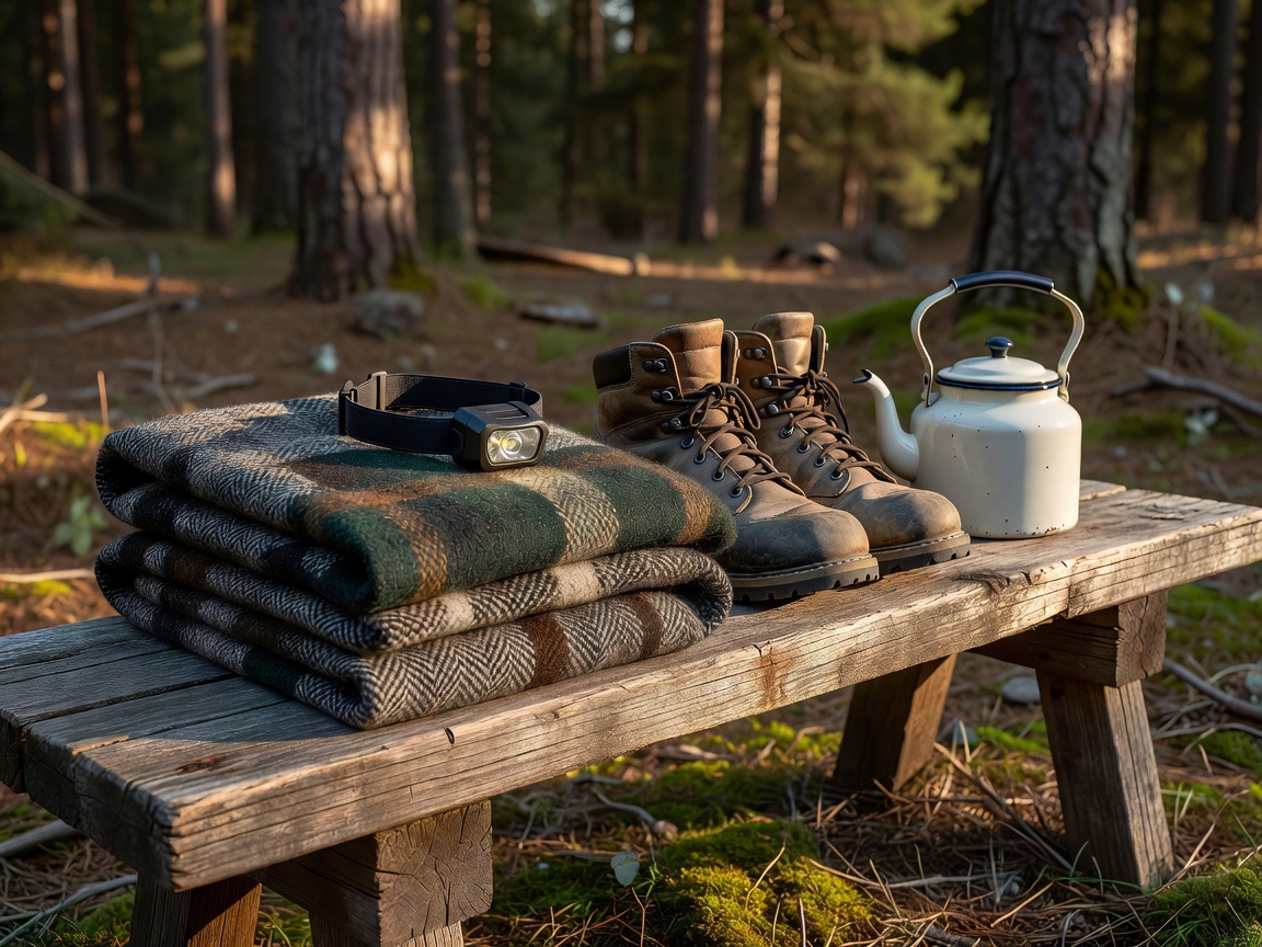 Wool blanket, sturdy walking boots, headlamp, and enamel kettle arranged neatly on an outdoor timber bench