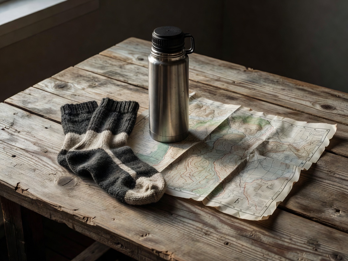 Wool socks, thermos flask, and trail map laid on a rough-sawn pine table
